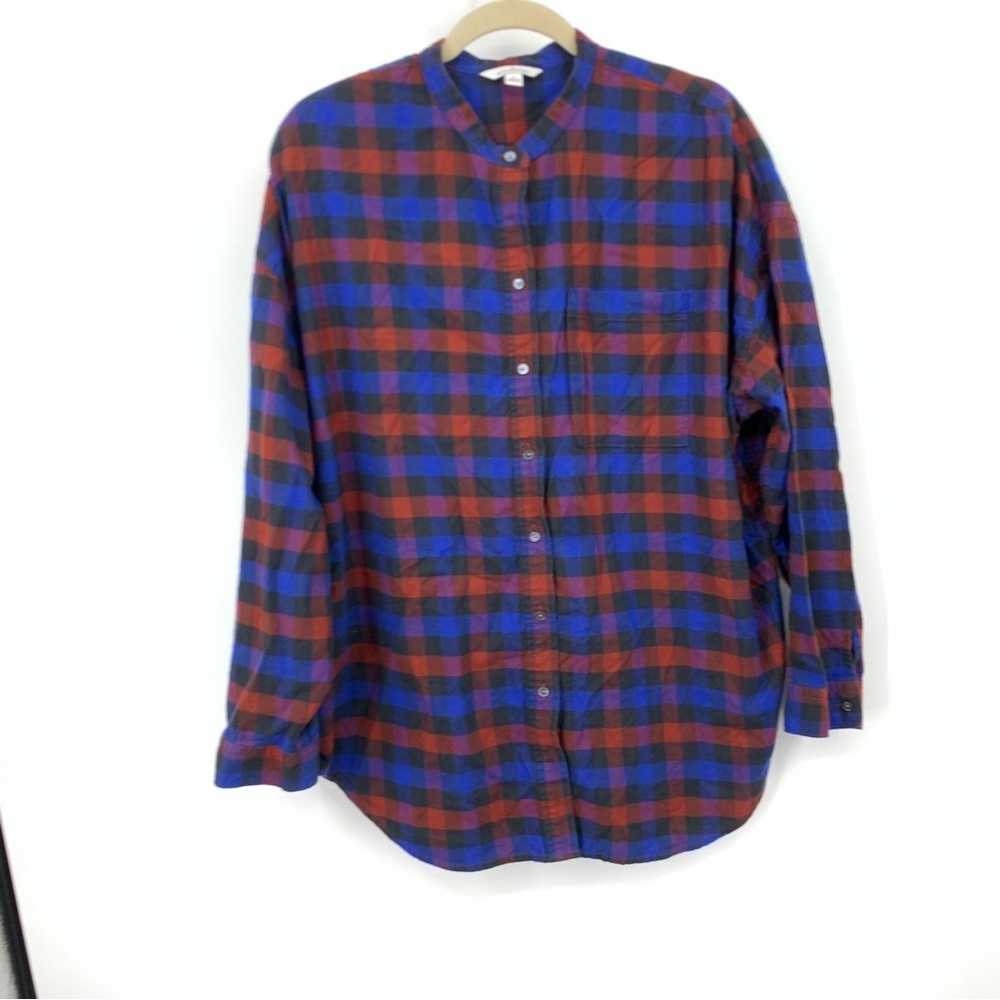 LL Bean Signature Women Size Large Shirt Button Down Top Flannel Plaid‎ Blue Red